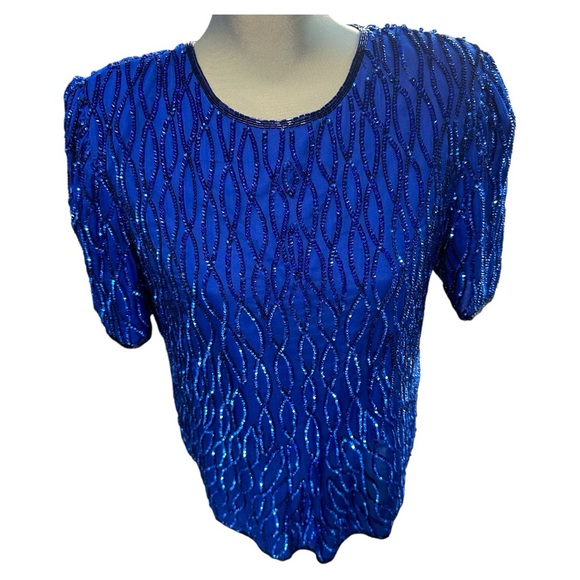 Vintage glittery sparkle newyears party unique sequin blue formal top size large - Picture 1 of 14
